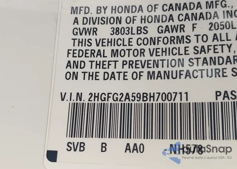 2011 Honda Civic Si z USA, uszkodzony, nr VIN 2HGFG2A59BH700711